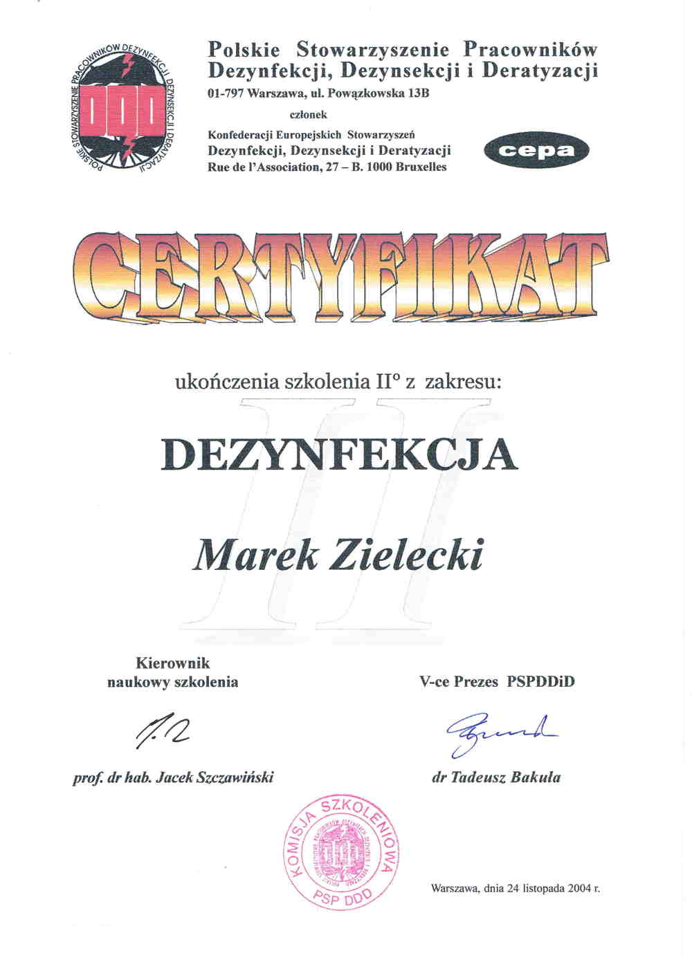 Certyfikat ukończenia szkolenie II stopnia z zakresu: dezynfekcja