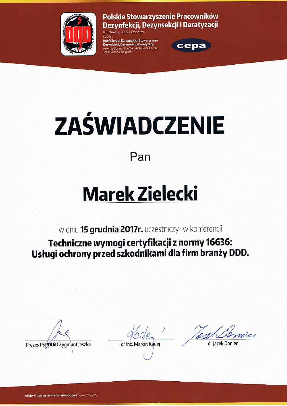 Marek Zielecki - Techniczne wymogi certyfikacji z normy 16636: Usługi ochrony przed szkodnikami dla firm branży DDD